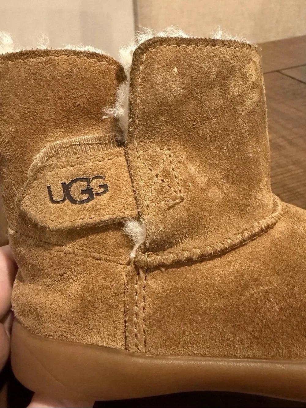 UGG Chestnut Suede Baby Boots with Shearling Trim